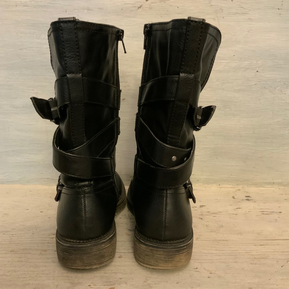 Kohl's Faux Leather Katsura Black Strappy Buckle Embellished Moto Boots 9M GC - Picture 4 of 7